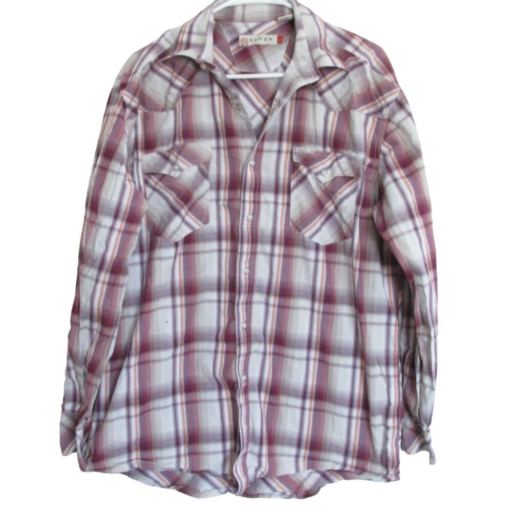 Roper Western Pearl Snap‎ Shirt Mens Large Purple Striped Long Sleeve Collared
